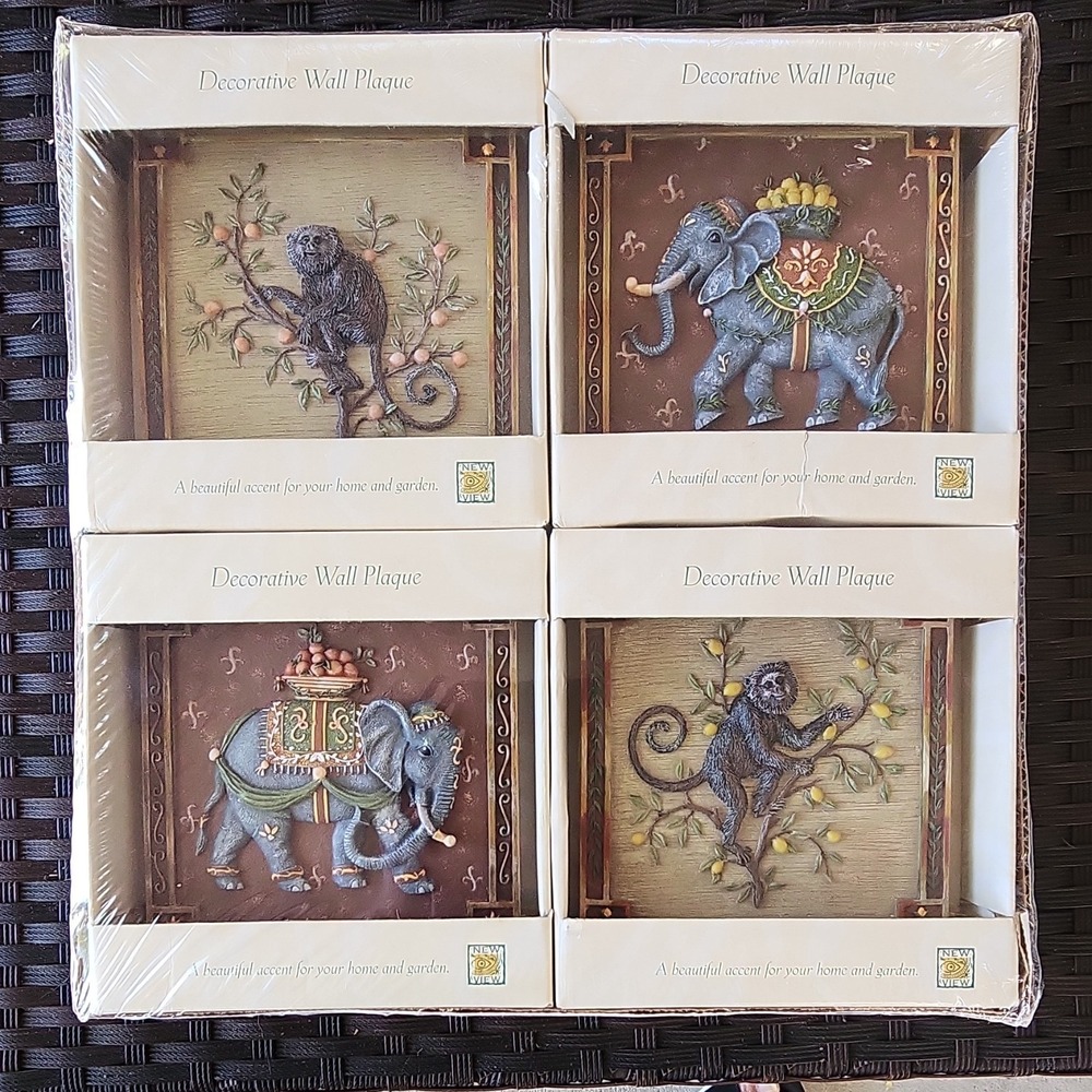 New View Decorative Wall Plaques Set of 4 Elephants Monkeys  Multicolor.